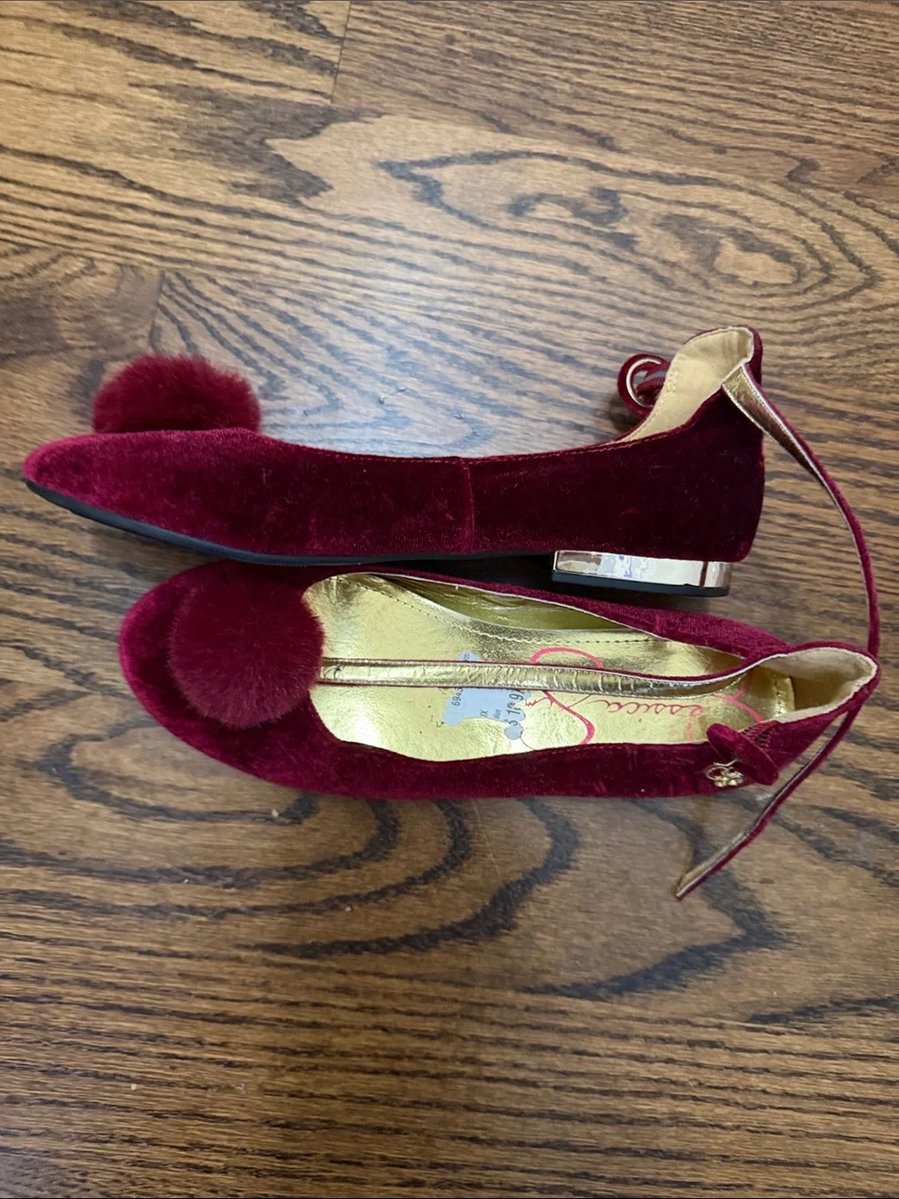 Jessica Simpson Girls Burgundy Velvet Pom-Pom Mary Janes